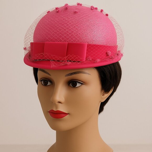 VTG Mid Century Pink Pillbox Derby Hat with Swiss Dot Netting and Bow 1950s